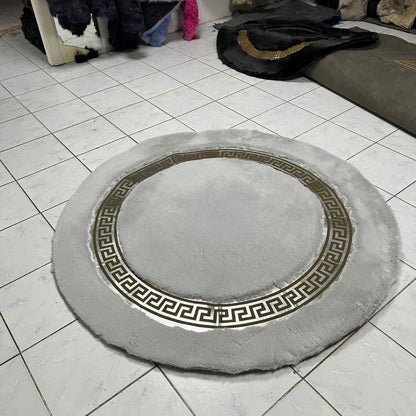 Gray Faux Fur Rug: Shaggy Plush Rug with Greek Key Border - BuzzLeatherCarpetGray Faux Fur Rug: Shaggy Plush Rug with Greek Key Border