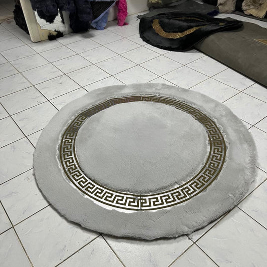 Gray Faux Fur Rug: Shaggy Plush Rug with Greek Key Border - BuzzLeatherCarpetGray Faux Fur Rug: Shaggy Plush Rug with Greek Key Border