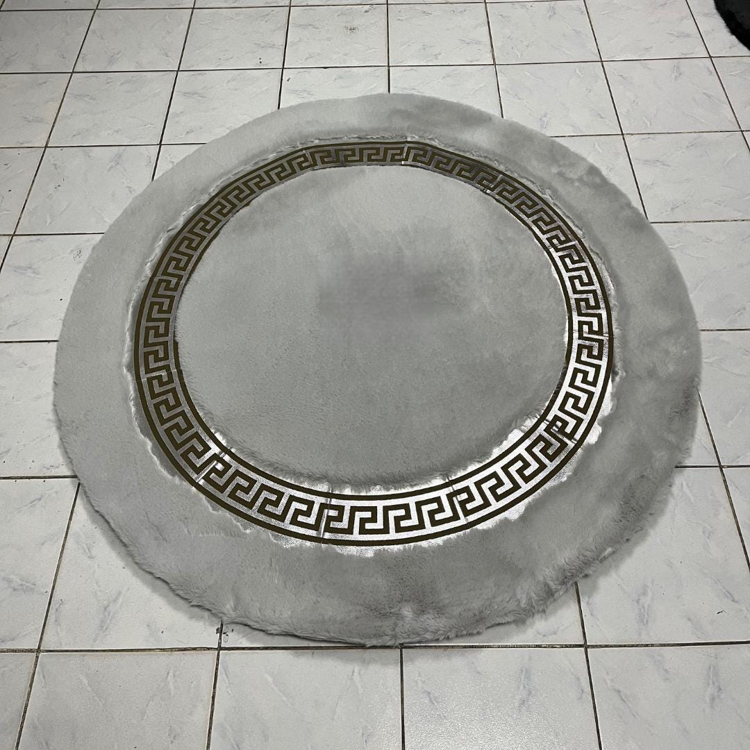Gray Faux Fur Rug: Shaggy Plush Rug with Greek Key Border - BuzzLeatherCarpetGray Faux Fur Rug: Shaggy Plush Rug with Greek Key Border