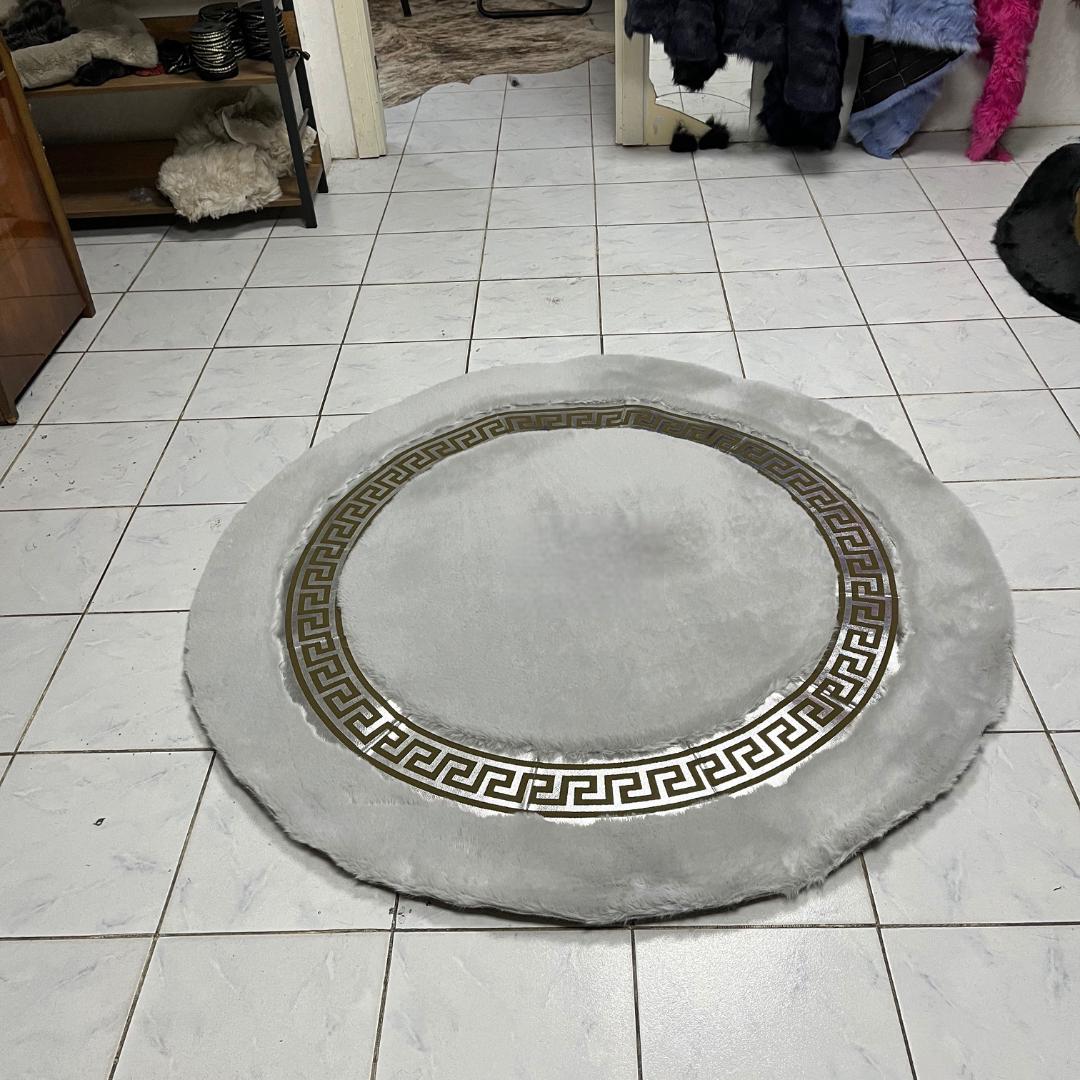 Gray Faux Fur Rug: Shaggy Plush Rug with Greek Key Border - BuzzLeatherCarpetGray Faux Fur Rug: Shaggy Plush Rug with Greek Key Border