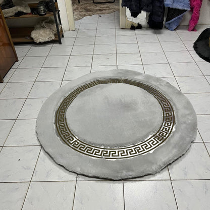 Gray Faux Fur Rug: Shaggy Plush Rug with Greek Key Border - BuzzLeatherCarpetGray Faux Fur Rug: Shaggy Plush Rug with Greek Key Border