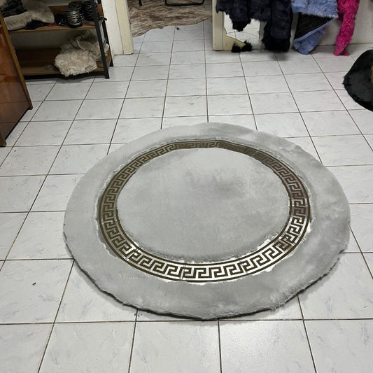 Gray Faux Fur Rug: Shaggy Plush Rug with Greek Key Border - BuzzLeatherCarpetGray Faux Fur Rug: Shaggy Plush Rug with Greek Key Border