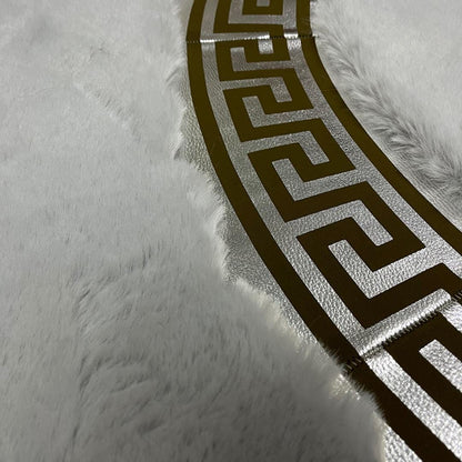 Gray Faux Fur Rug: Shaggy Plush Rug with Greek Key Border - BuzzLeatherCarpetGray Faux Fur Rug: Shaggy Plush Rug with Greek Key Border