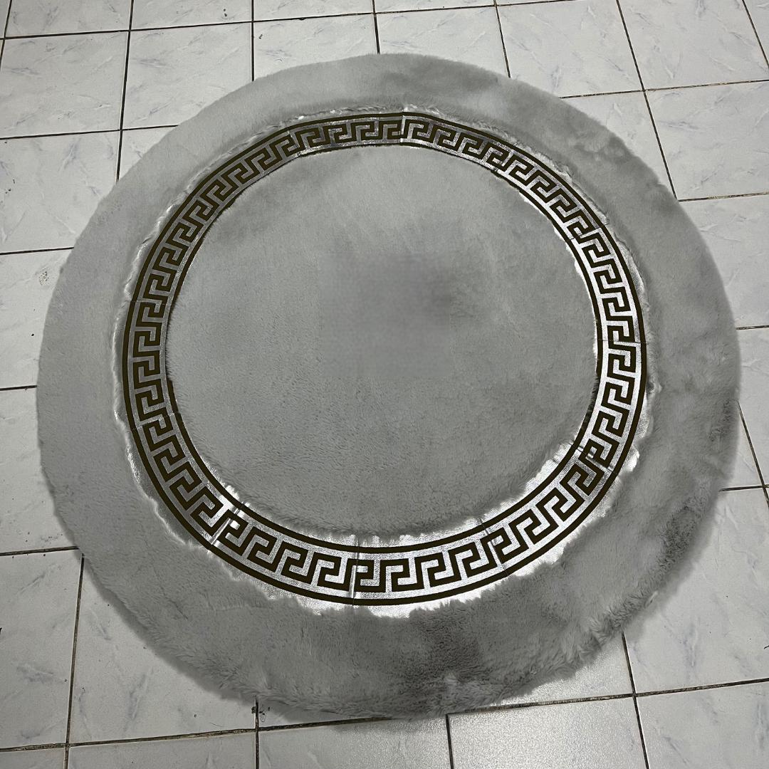 Gray Faux Fur Rug: Shaggy Plush Rug with Greek Key Border - BuzzLeatherCarpetGray Faux Fur Rug: Shaggy Plush Rug with Greek Key Border