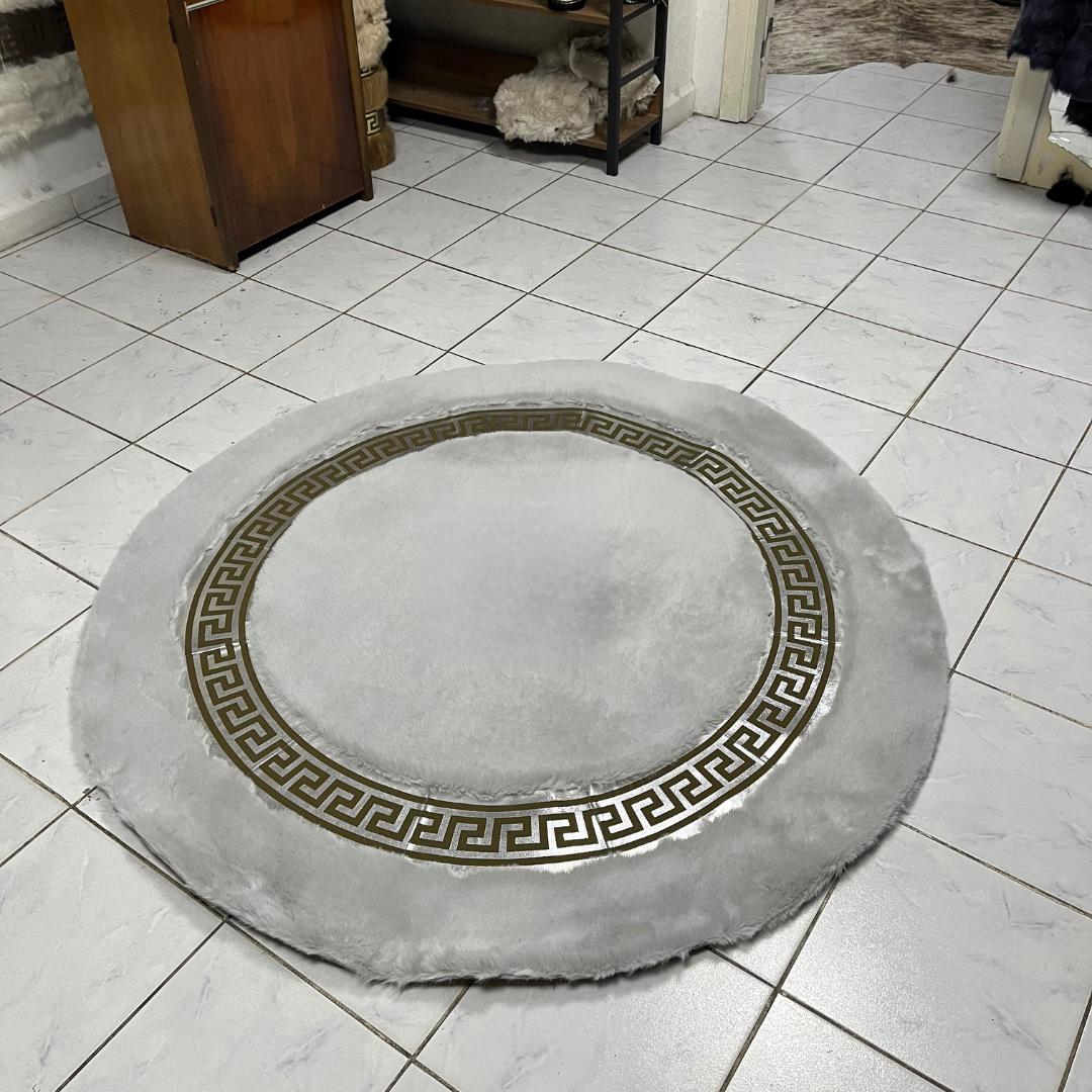 Gray Faux Fur Rug: Shaggy Plush Rug with Greek Key Border - BuzzLeatherCarpetGray Faux Fur Rug: Shaggy Plush Rug with Greek Key Border