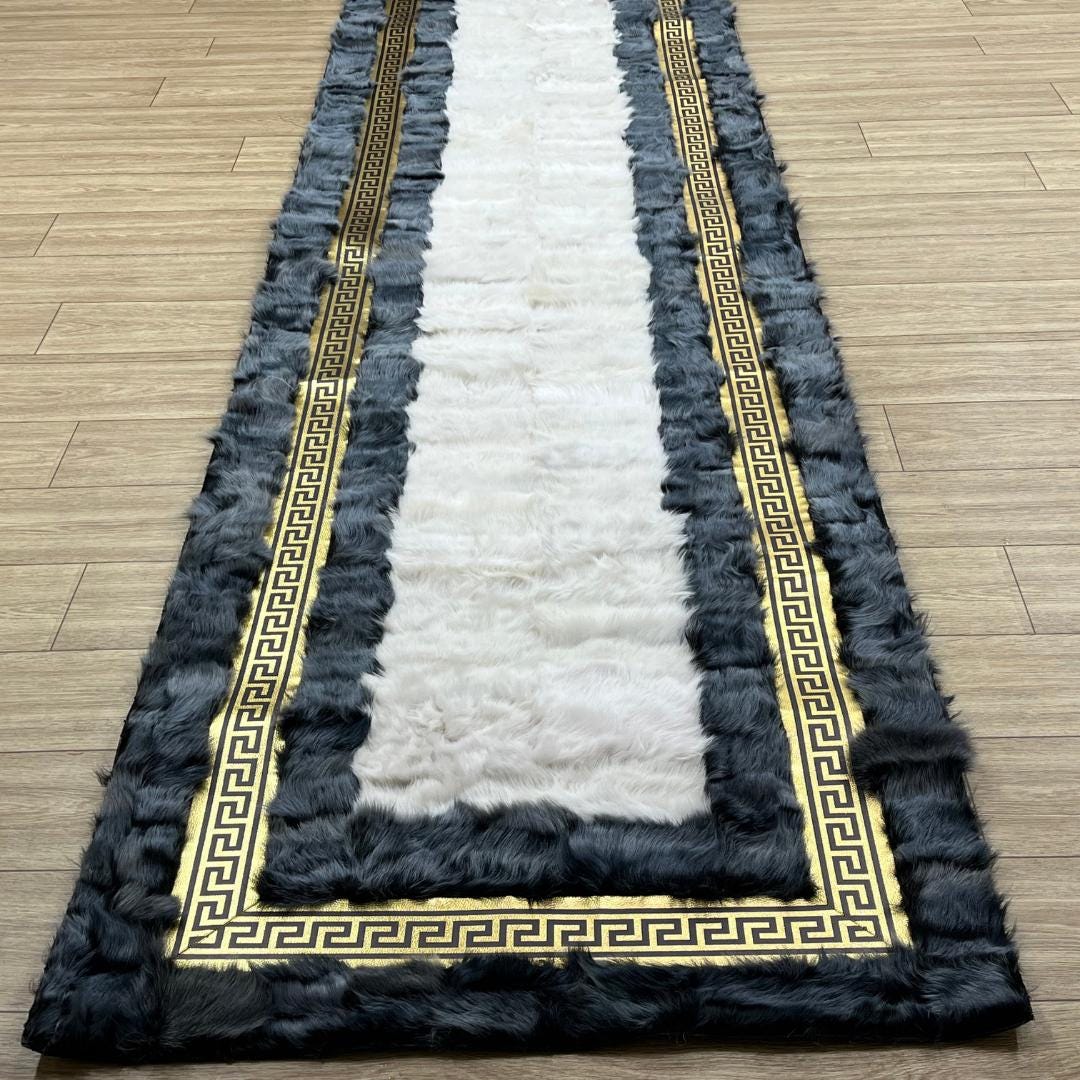 Gray - Gold Sheepskin Patchwork Rug: Handmade Wool Leather Area Rug - BuzzLeatherCarpetGray - Gold Sheepskin Patchwork Rug: Handmade Wool Leather Area Rug