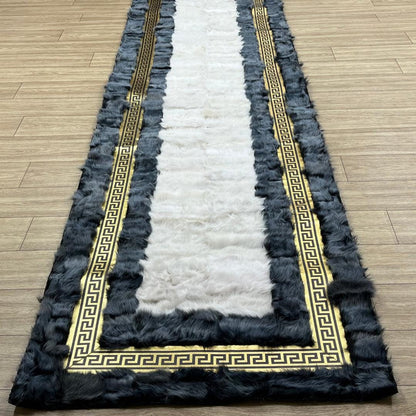 Gray - Gold Sheepskin Patchwork Rug: Handmade Wool Leather Area Rug - BuzzLeatherCarpetGray - Gold Sheepskin Patchwork Rug: Handmade Wool Leather Area Rug
