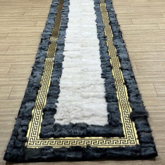Gray - Gold Sheepskin Patchwork Rug: Handmade Wool Leather Area Rug - BuzzLeatherCarpetGray - Gold Sheepskin Patchwork Rug: Handmade Wool Leather Area Rug