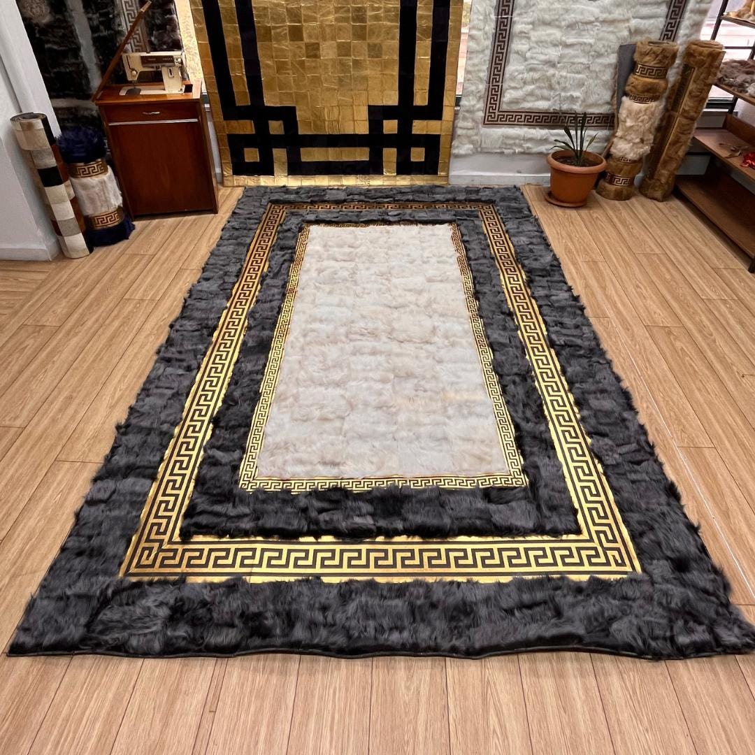 Gray - Gold Sheepskin Patchwork Rug - BuzzLeatherCarpetGray - Gold Sheepskin Patchwork Rug