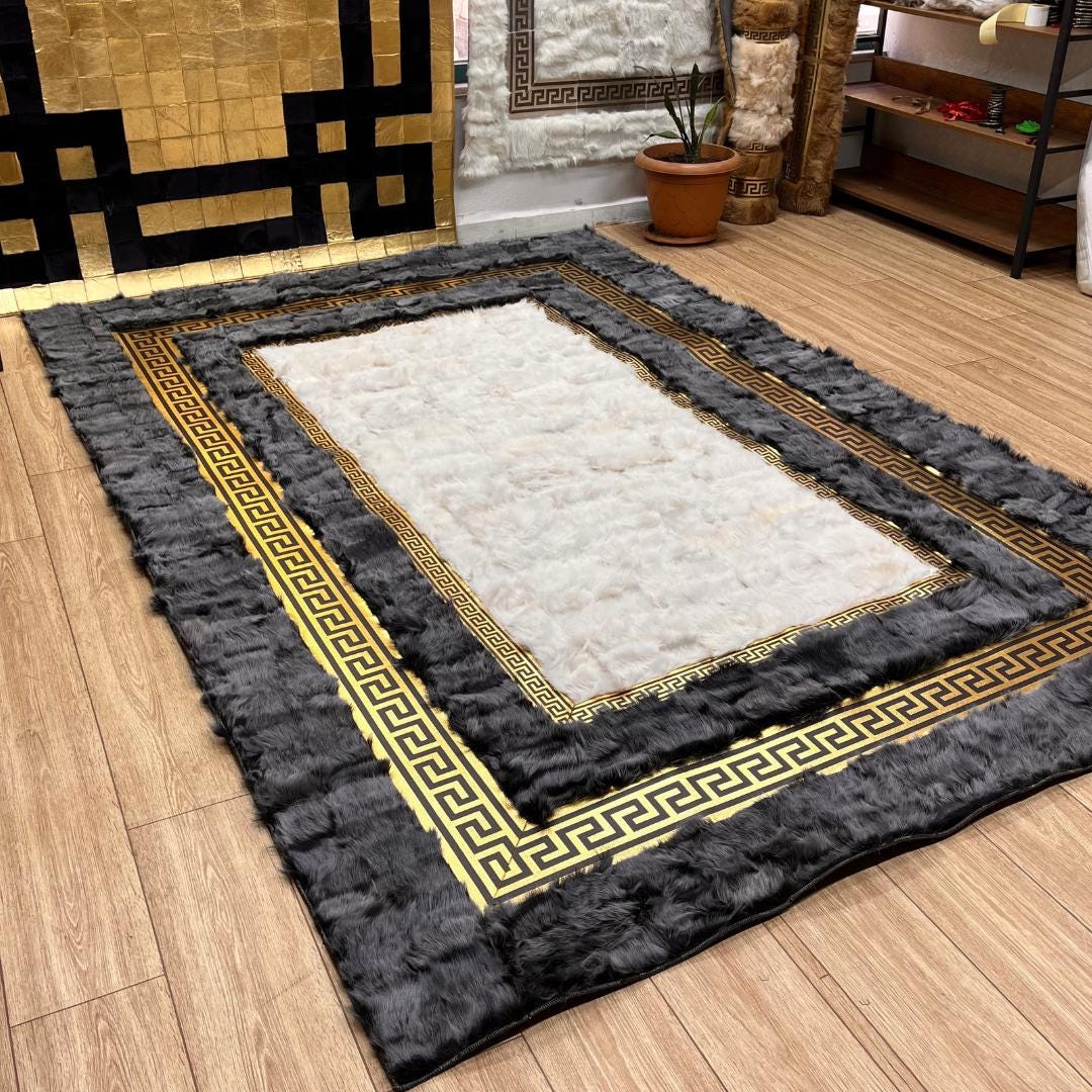 Gray - Gold Sheepskin Patchwork Rug - BuzzLeatherCarpetGray - Gold Sheepskin Patchwork Rug