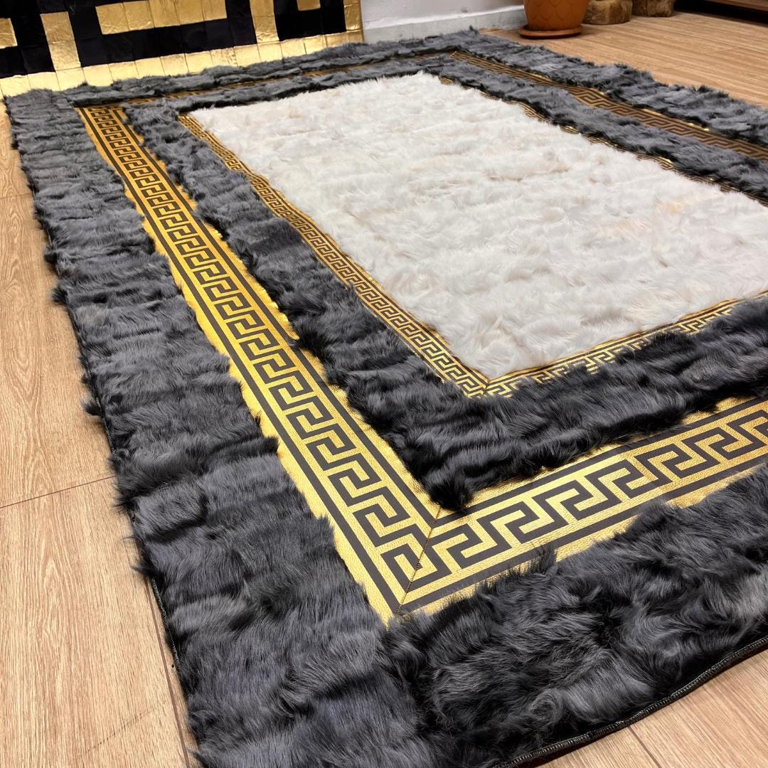 Gray - Gold Sheepskin Patchwork Rug - BuzzLeatherCarpetGray - Gold Sheepskin Patchwork Rug