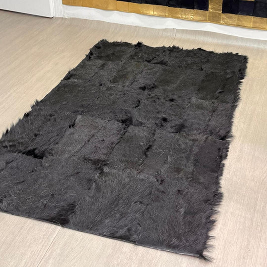 Handmade Black Patchwork Goatskin Rug: Soft, Plush Texture - BuzzLeatherCarpetHandmade Black Patchwork Goatskin Rug: Soft, Plush Texture