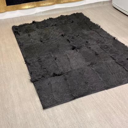Handmade Black Patchwork Goatskin Rug: Soft, Plush Texture - BuzzLeatherCarpetHandmade Black Patchwork Goatskin Rug: Soft, Plush Texture