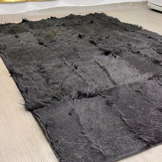Handmade Black Patchwork Goatskin Rug: Soft, Plush Texture - BuzzLeatherCarpetHandmade Black Patchwork Goatskin Rug: Soft, Plush Texture