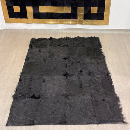 Handmade Black Patchwork Goatskin Rug: Soft, Plush Texture - BuzzLeatherCarpetHandmade Black Patchwork Goatskin Rug: Soft, Plush Texture