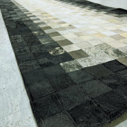 Handmade Black & White Cowhide Runner Rug: Patchwork Area Rug - BuzzLeatherCarpetHandmade Black & White Cowhide Runner Rug: Patchwork Area Rug