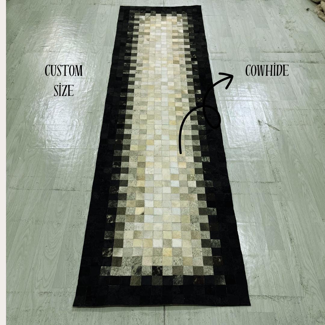 Handmade Black & White Cowhide Runner Rug: Patchwork Area Rug - BuzzLeatherCarpetHandmade Black & White Cowhide Runner Rug: Patchwork Area Rug