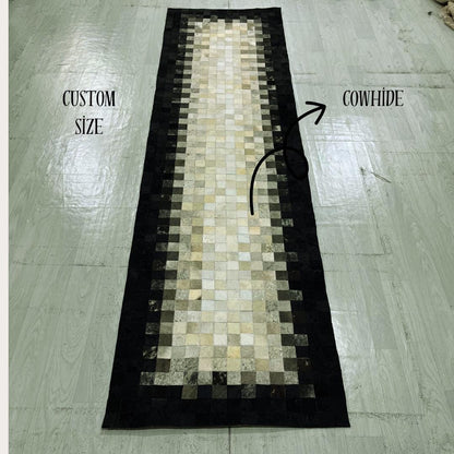 Handmade Black & White Cowhide Runner Rug: Patchwork Area Rug - BuzzLeatherCarpetHandmade Black & White Cowhide Runner Rug: Patchwork Area Rug