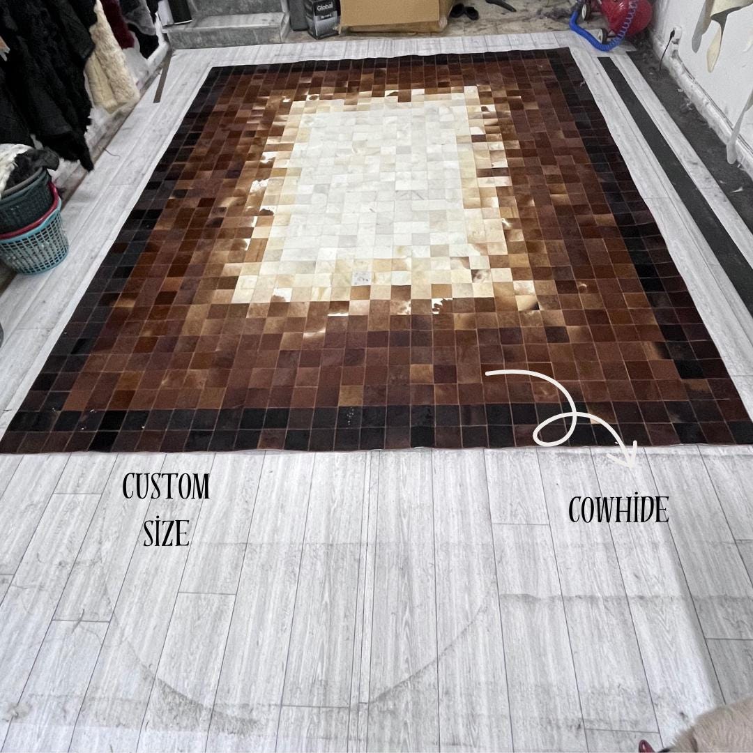 Handmade Brown & White Cowhide Patchwork Rug: Natural Home Decor - BuzzLeatherCarpetHandmade Brown & White Cowhide Patchwork Rug: Natural Home Decor