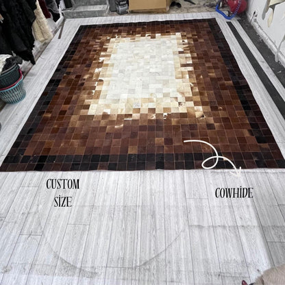 Handmade Brown & White Cowhide Patchwork Rug: Natural Home Decor - BuzzLeatherCarpetHandmade Brown & White Cowhide Patchwork Rug: Natural Home Decor