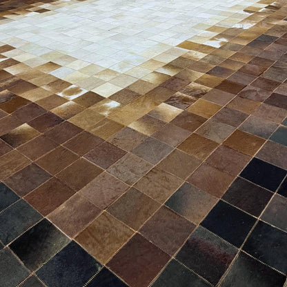 Handmade Brown & White Cowhide Patchwork Rug: Natural Home Decor - BuzzLeatherCarpetHandmade Brown & White Cowhide Patchwork Rug: Natural Home Decor