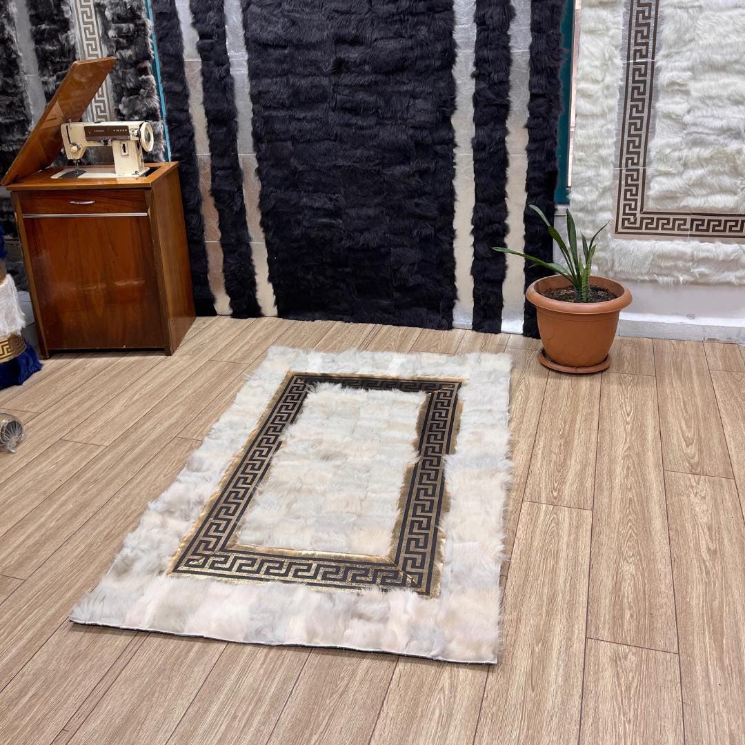 Handmade Creamy - Gold Sheepskin Patchwork Rug: Fluffy Wool Area Rug - BuzzLeatherCarpetHandmade Creamy - Gold Sheepskin Patchwork Rug: Fluffy Wool Area Rug
