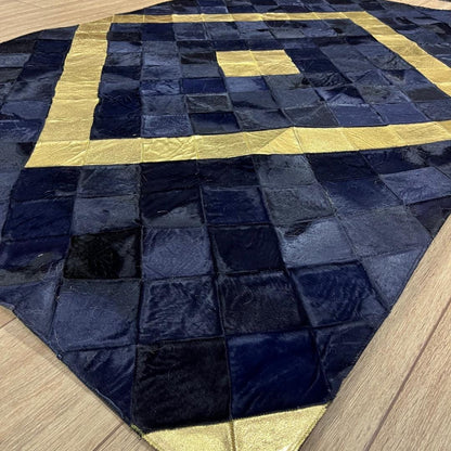 Handmade Gold & Dark Blue Cowhide Patchwork Rug (4x6 ft) - BuzzLeatherCarpetHandmade Gold & Dark Blue Cowhide Patchwork Rug (4x6 ft)