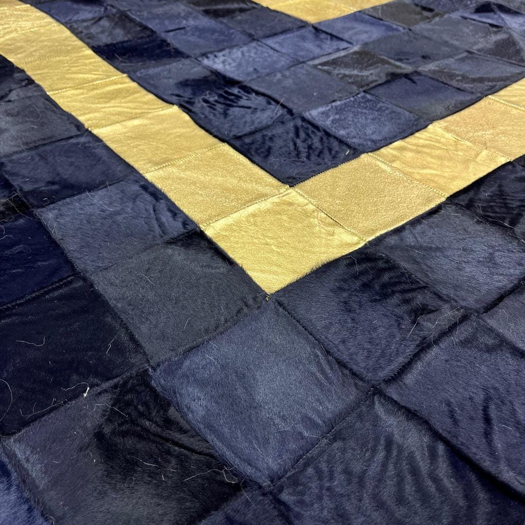 Handmade Gold & Dark Blue Cowhide Patchwork Rug (4x6 ft) - BuzzLeatherCarpetHandmade Gold & Dark Blue Cowhide Patchwork Rug (4x6 ft)