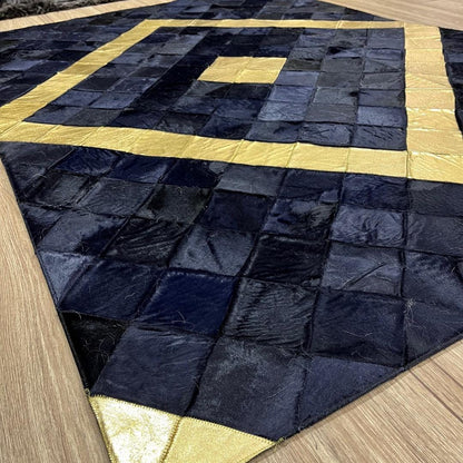 Handmade Gold & Dark Blue Cowhide Patchwork Rug (4x6 ft) - BuzzLeatherCarpetHandmade Gold & Dark Blue Cowhide Patchwork Rug (4x6 ft)