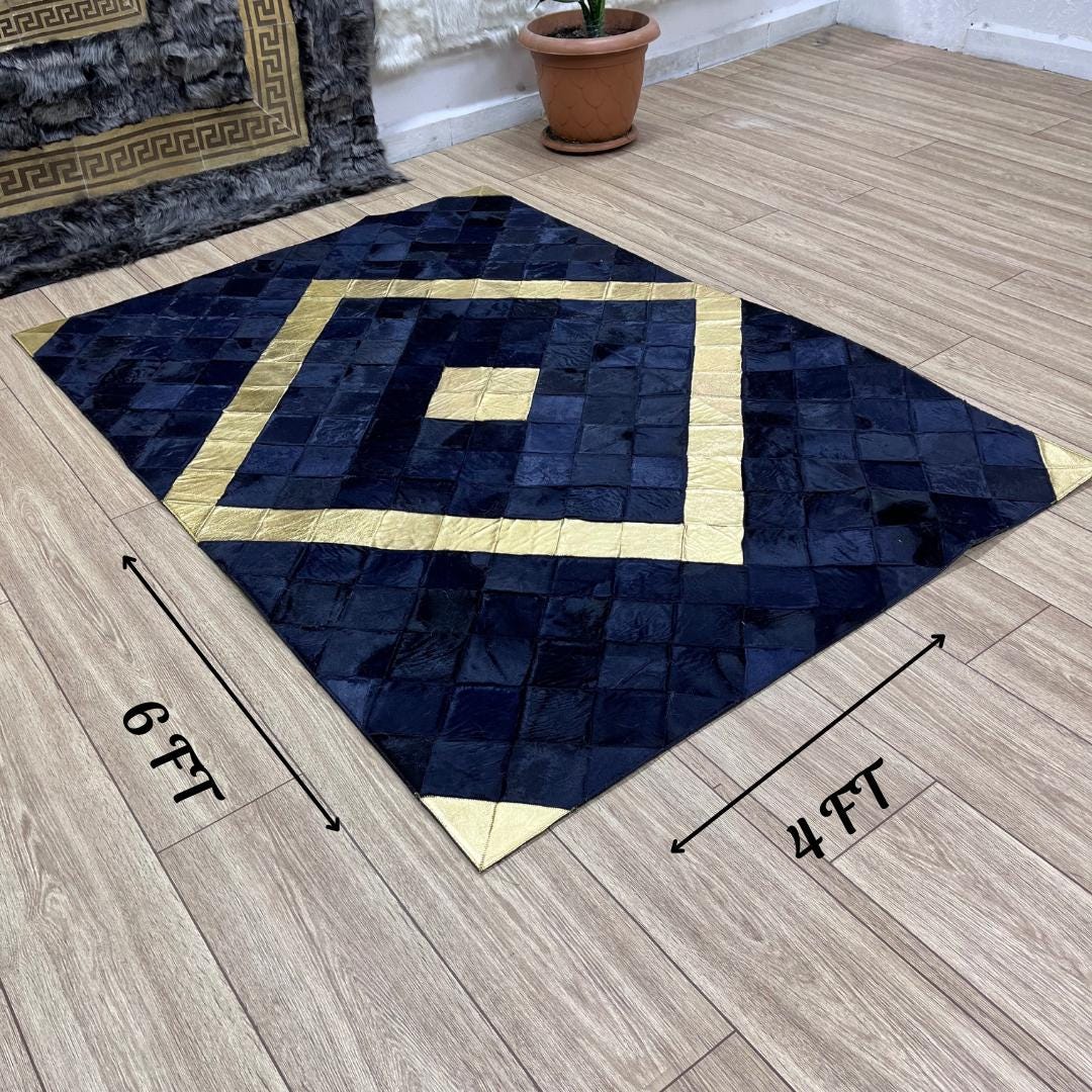 Handmade Gold & Dark Blue Cowhide Patchwork Rug (4x6 ft) - BuzzLeatherCarpetHandmade Gold & Dark Blue Cowhide Patchwork Rug (4x6 ft)