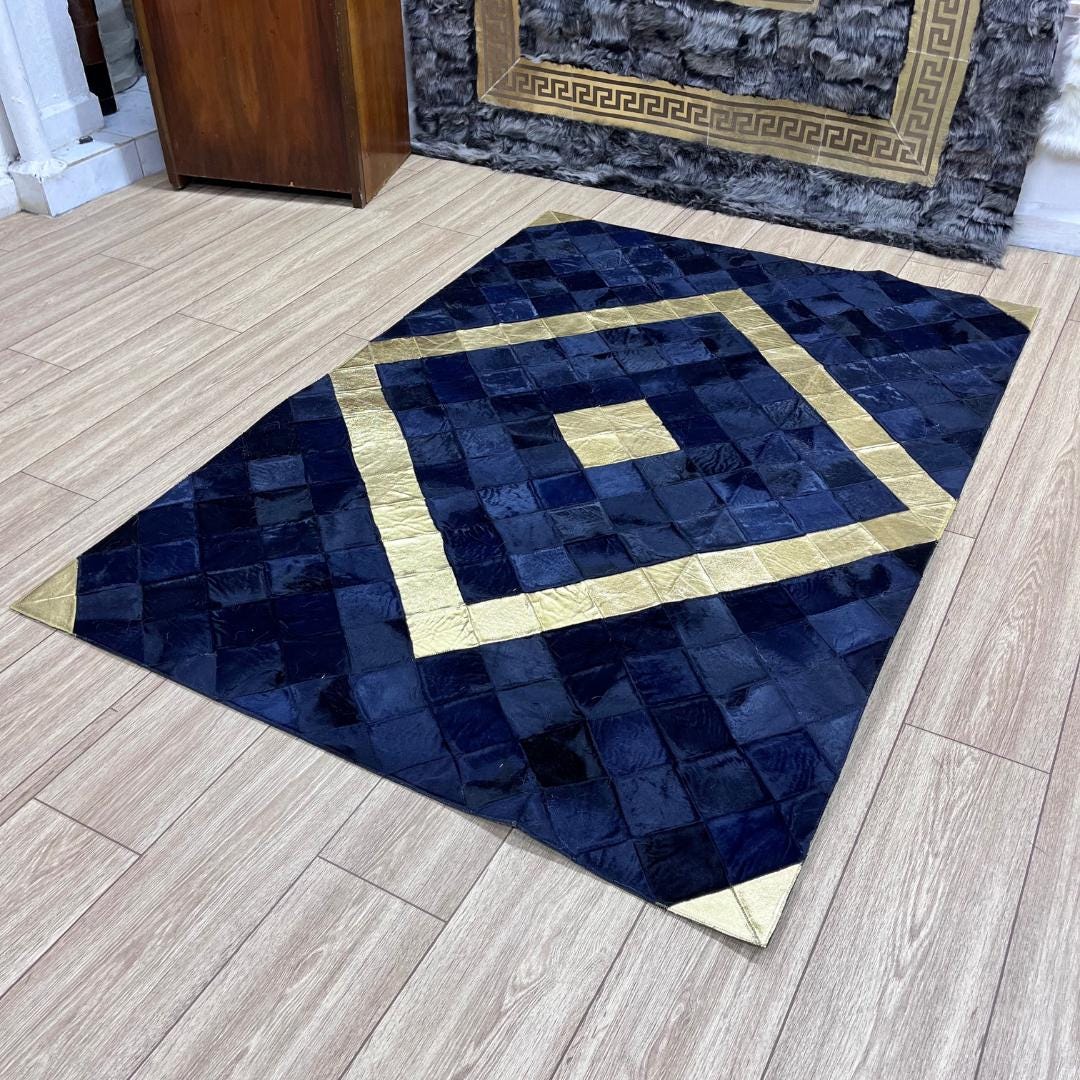 Handmade Gold & Dark Blue Cowhide Patchwork Rug (4x6 ft) - BuzzLeatherCarpetHandmade Gold & Dark Blue Cowhide Patchwork Rug (4x6 ft)
