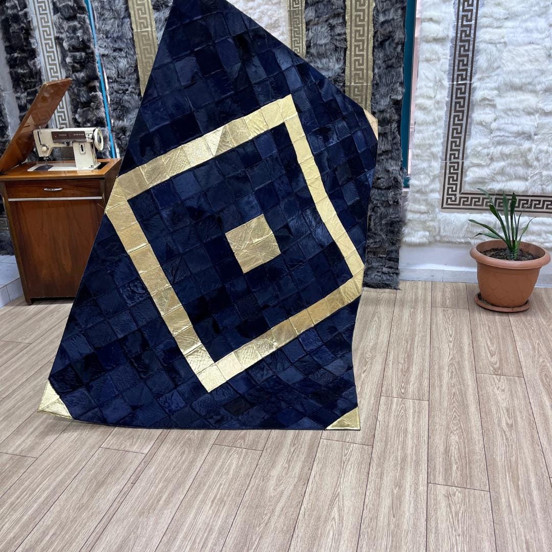 Handmade Gold & Dark Blue Cowhide Patchwork Rug (4x6 ft) - BuzzLeatherCarpetHandmade Gold & Dark Blue Cowhide Patchwork Rug (4x6 ft)
