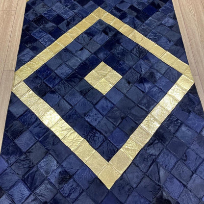 Handmade Gold & Dark Blue Cowhide Patchwork Rug (4x6 ft) - BuzzLeatherCarpetHandmade Gold & Dark Blue Cowhide Patchwork Rug (4x6 ft)