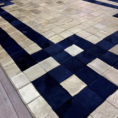 Handmade Gold & Dark Blue Cowhide Patchwork Rug (6x8 ft) - BuzzLeatherCarpetHandmade Gold & Dark Blue Cowhide Patchwork Rug (6x8 ft)