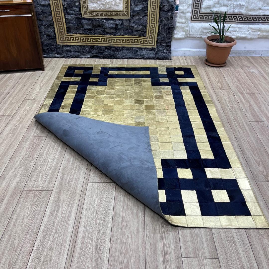 Handmade Gold & Dark Blue Cowhide Patchwork Rug (6x8 ft) - BuzzLeatherCarpetHandmade Gold & Dark Blue Cowhide Patchwork Rug (6x8 ft)