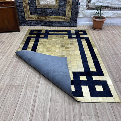 Handmade Gold & Dark Blue Cowhide Patchwork Rug (6x8 ft) - BuzzLeatherCarpetHandmade Gold & Dark Blue Cowhide Patchwork Rug (6x8 ft)
