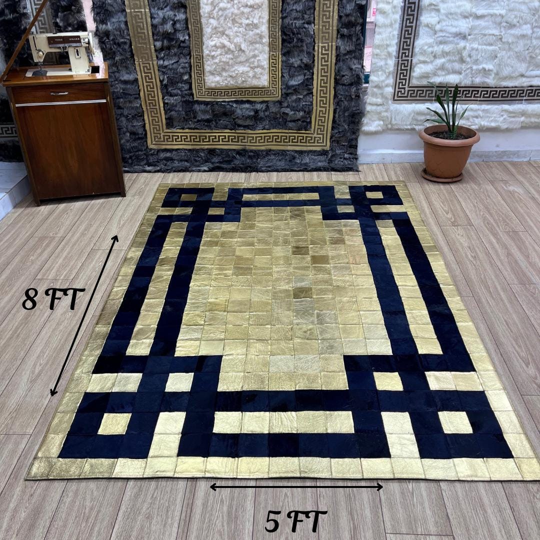 Handmade Gold & Dark Blue Cowhide Patchwork Rug (6x8 ft) - BuzzLeatherCarpetHandmade Gold & Dark Blue Cowhide Patchwork Rug (6x8 ft)