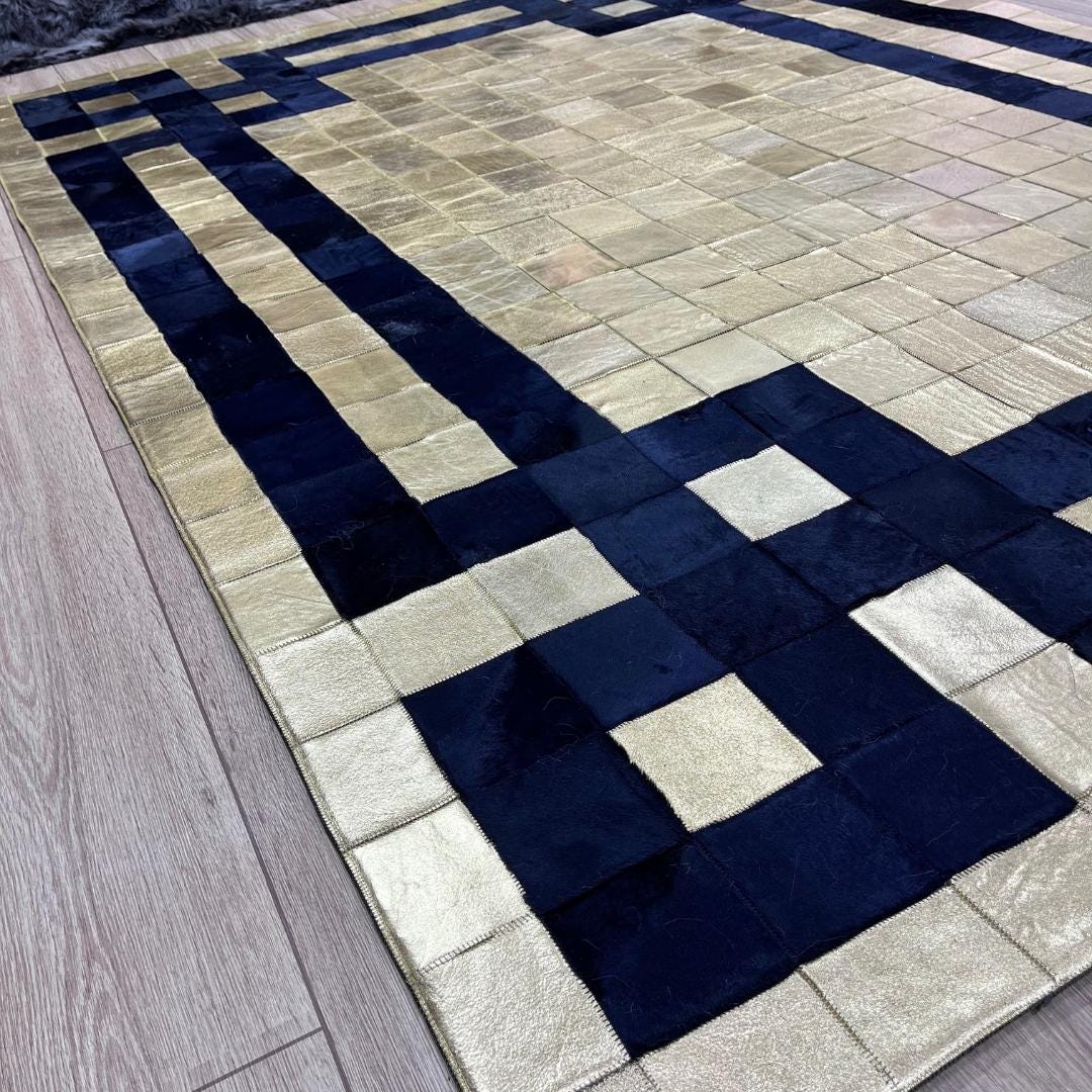 Handmade Gold & Dark Blue Cowhide Patchwork Rug (6x8 ft) - BuzzLeatherCarpetHandmade Gold & Dark Blue Cowhide Patchwork Rug (6x8 ft)