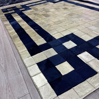 Handmade Gold & Dark Blue Cowhide Patchwork Rug (6x8 ft) - BuzzLeatherCarpetHandmade Gold & Dark Blue Cowhide Patchwork Rug (6x8 ft)