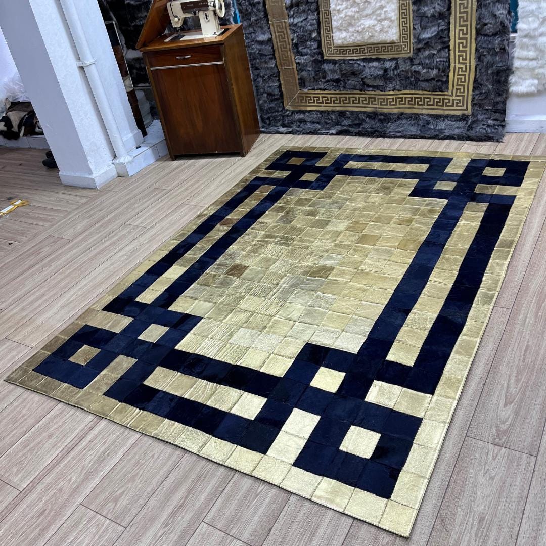Handmade Gold & Dark Blue Cowhide Patchwork Rug (6x8 ft) - BuzzLeatherCarpetHandmade Gold & Dark Blue Cowhide Patchwork Rug (6x8 ft)