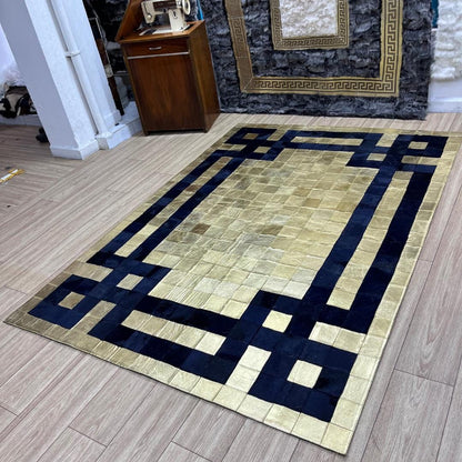 Handmade Gold & Dark Blue Cowhide Patchwork Rug (6x8 ft) - BuzzLeatherCarpetHandmade Gold & Dark Blue Cowhide Patchwork Rug (6x8 ft)