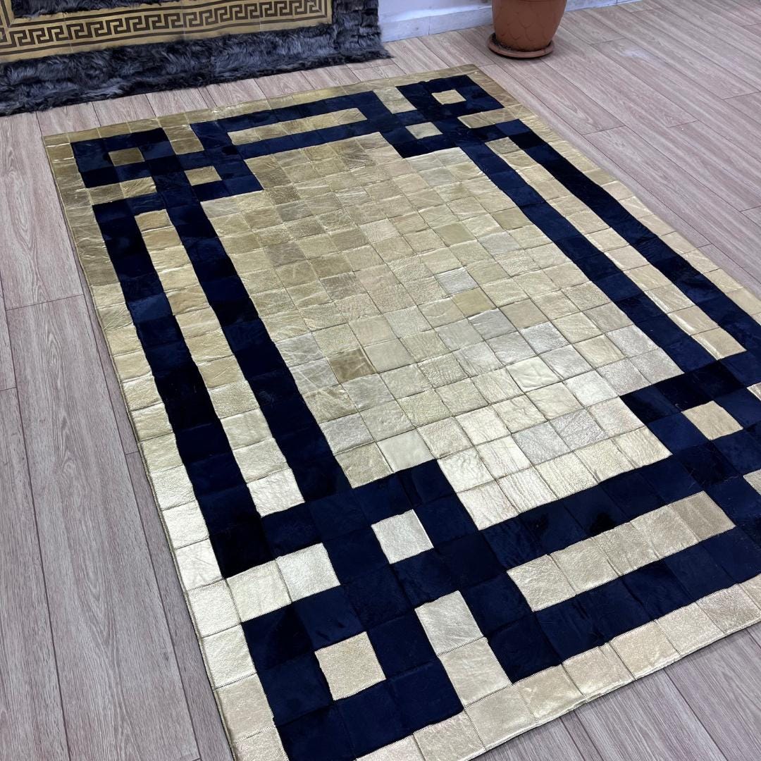 Handmade Gold & Dark Blue Cowhide Patchwork Rug (6x8 ft) - BuzzLeatherCarpetHandmade Gold & Dark Blue Cowhide Patchwork Rug (6x8 ft)