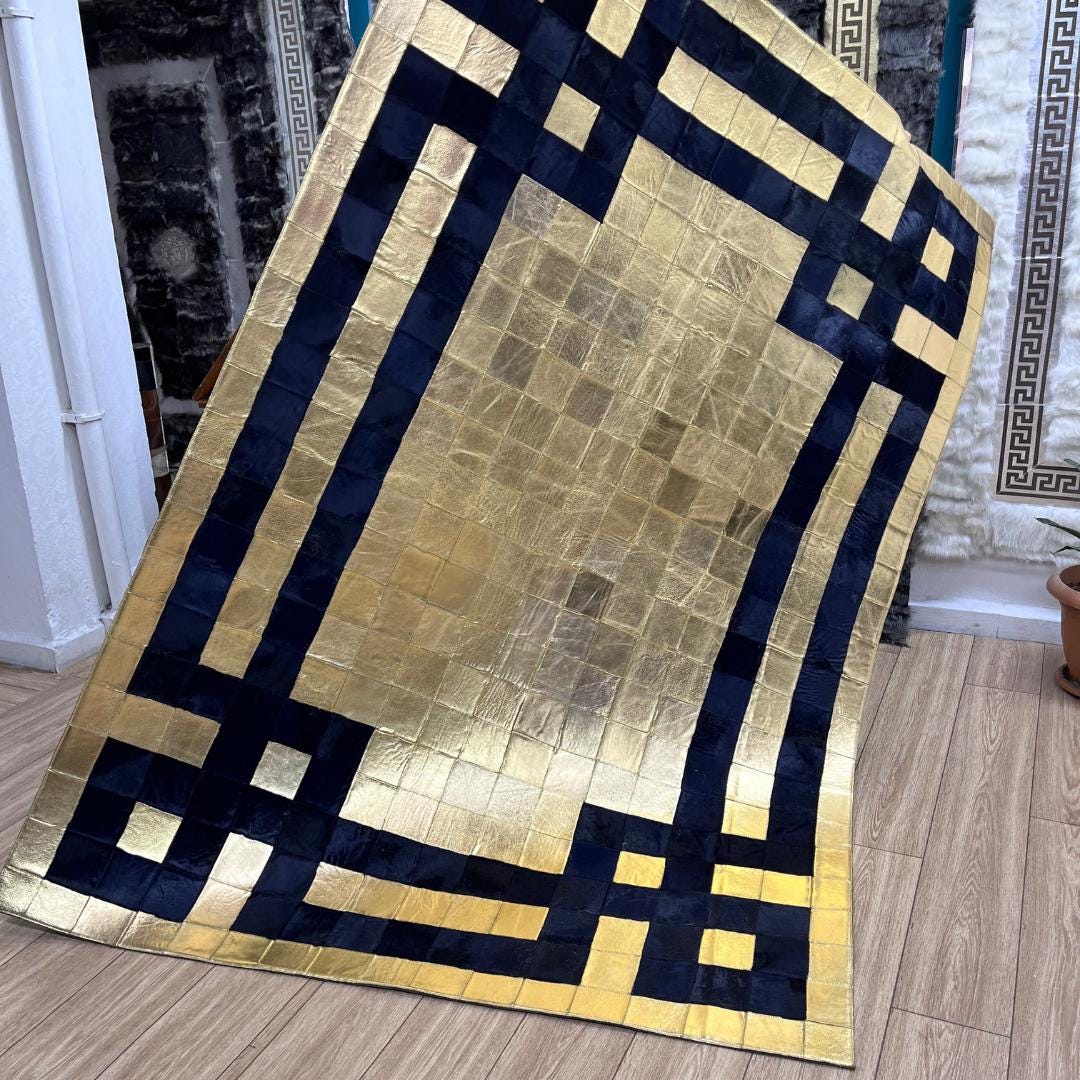 Handmade Gold & Dark Blue Cowhide Patchwork Rug (6x8 ft) - BuzzLeatherCarpetHandmade Gold & Dark Blue Cowhide Patchwork Rug (6x8 ft)