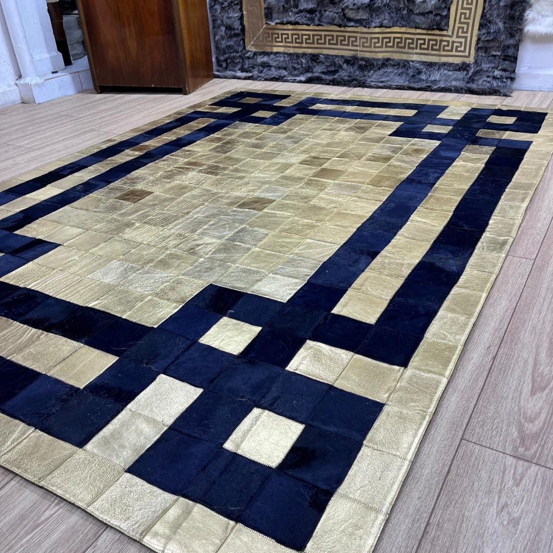 Handmade Gold & Dark Blue Cowhide Patchwork Rug (6x8 ft) - BuzzLeatherCarpetHandmade Gold & Dark Blue Cowhide Patchwork Rug (6x8 ft)