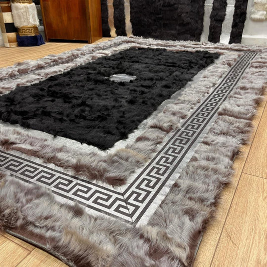 Handmade Gray - Black Sheepskin Patchwork Rug: Fluffy Wool Area Rug - BuzzLeatherCarpetHandmade Gray - Black Sheepskin Patchwork Rug: Fluffy Wool Area Rug