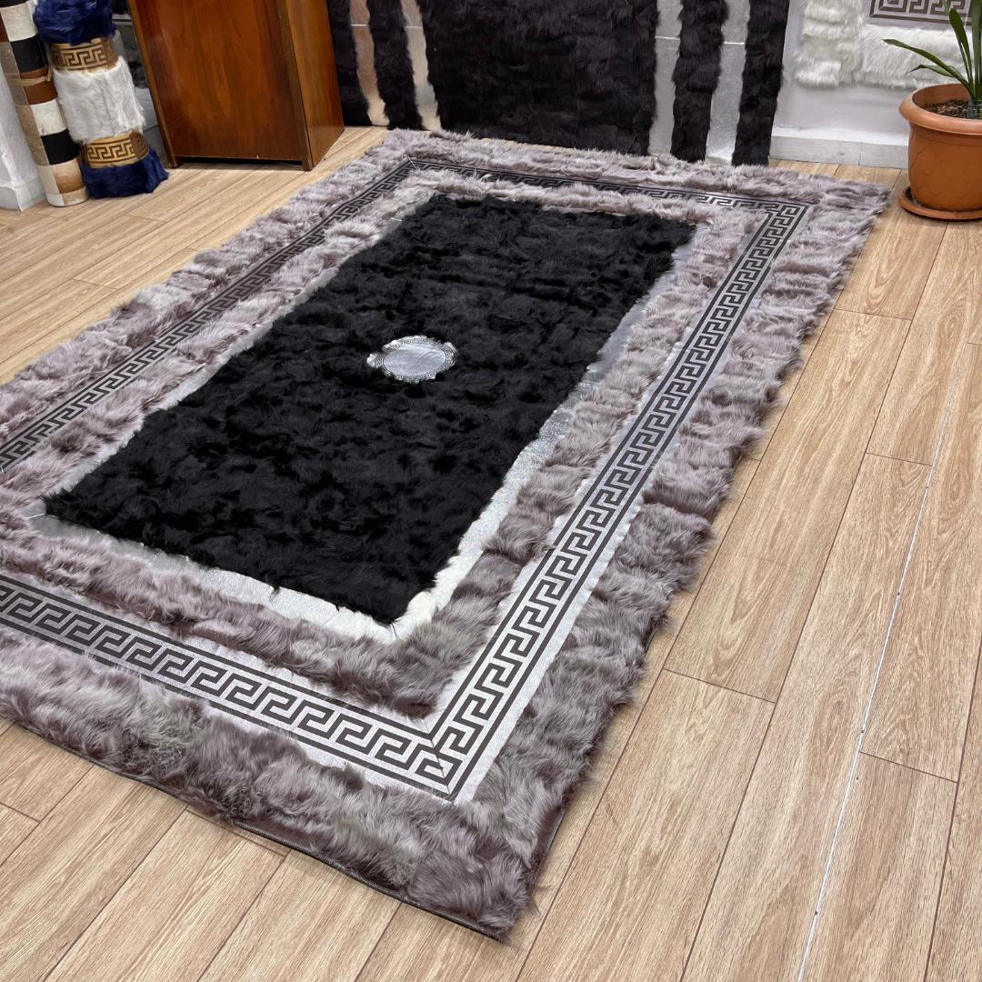 Handmade Gray - Black Sheepskin Patchwork Rug: Fluffy Wool Area Rug - BuzzLeatherCarpetHandmade Gray - Black Sheepskin Patchwork Rug: Fluffy Wool Area Rug