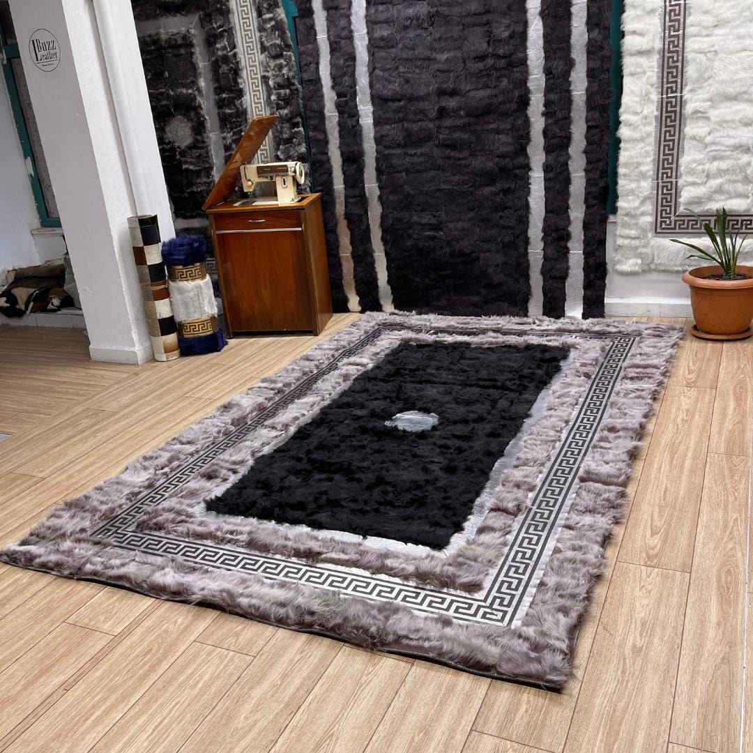 Handmade Gray - Black Sheepskin Patchwork Rug: Fluffy Wool Area Rug - BuzzLeatherCarpetHandmade Gray - Black Sheepskin Patchwork Rug: Fluffy Wool Area Rug