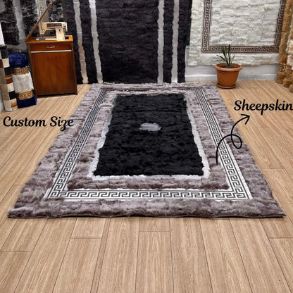 Handmade Gray - Black Sheepskin Patchwork Rug: Fluffy Wool Area Rug - BuzzLeatherCarpetHandmade Gray - Black Sheepskin Patchwork Rug: Fluffy Wool Area Rug
