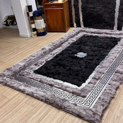 Handmade Gray - Black Sheepskin Patchwork Rug: Fluffy Wool Area Rug - BuzzLeatherCarpetHandmade Gray - Black Sheepskin Patchwork Rug: Fluffy Wool Area Rug