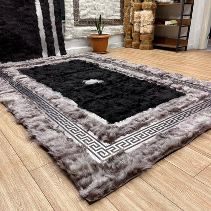 Handmade Gray - Black Sheepskin Patchwork Rug: Fluffy Wool Area Rug - BuzzLeatherCarpetHandmade Gray - Black Sheepskin Patchwork Rug: Fluffy Wool Area Rug